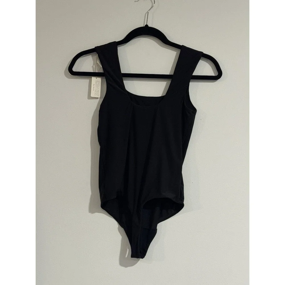 Aerie Smoothez Square Neck Bodysuit Black Tank Style Womens Medium Thong NWT - Picture 2 of 4